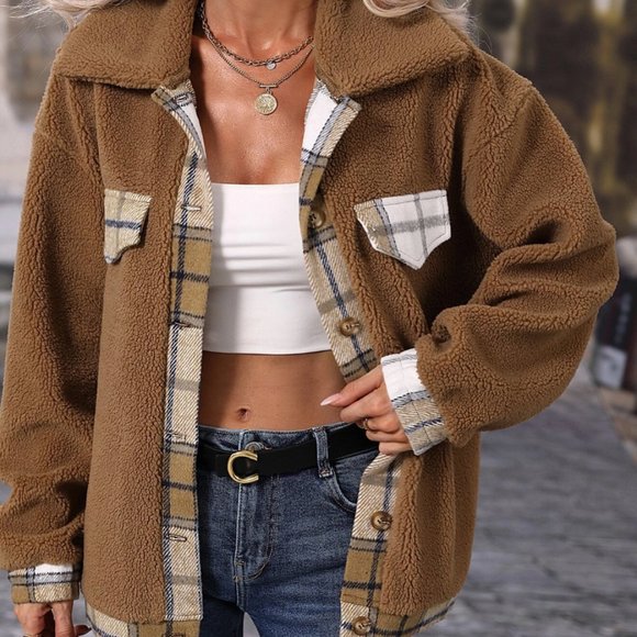 Plaid Panel Drop Shoulder Teddy Coat - Picture 2 of 8